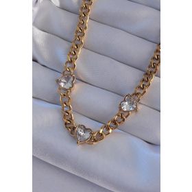 Skygo TJ-BKO8949 316L Çelik Gold Renk Zirkon Taşlı Kalp Model Zincir Kolye
