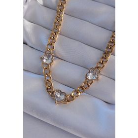 Skygo TJ-BKO8949 316L Çelik Gold Renk Zirkon Taşlı Kalp Model Zincir Kolye