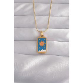 Skygo TJ-BKO9026 316L Çelik Gold Renk Mavi Mineli Güneş Model Tarot Kolye