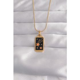 Skygo TJ-BKO9028 316L Çelik Gold Renk Siyah Mineli Yıldız Figür Tarot Kolye