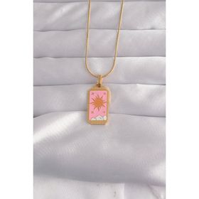 Skygo TJ-BKO9029 316L Çelik Gold Renk Pembe Mineli Güneş Model Tarot Kolye