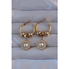 Skygo TJ-BKP9149 316L Çelik Gold Renk Zirkon Ve İnci Taşlı Cartier Model Halka Küpe