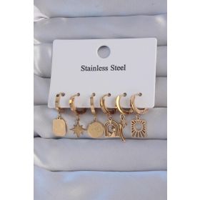 Skygo TJ-BKP9156 316L Çelik Gold Renk Yıldız Figürlü Tarot Model Halka Küpe Seti
