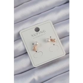 Skygo TJ-BKP9402 Xuping Rose Renk Zirkon Taşlı İncili Minimal Fiyonk Küpe