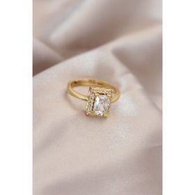 Skygo TJ-BYK2068 Gold Renk Metal Zirkon ve Kristal Taşlı Dikdörtgen Model Ayarlamalı Yüzük