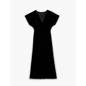 Slim Fit Kısa Yarasa Kollu Kruvaze V Yaka Midi Boy Kadife Elbise