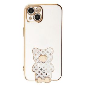 Smcase Apple iPhone 14 Standlı Kamera Korumalı Cute Bear Silikon Cep Telefonu Kılıfı
