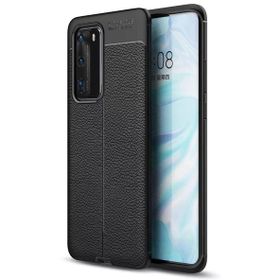 Smcase Huawei P40 Deri Dokulu Silikon Tam Kapatan Ekran Koruyucu Siyah Cep Telefonu Kılıfı