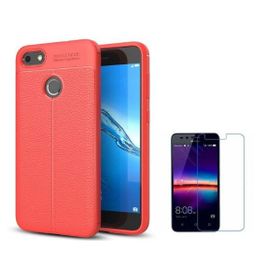 Smcase Huawei P9 Lite Mini Deri Dokulu Silikon Cam Ekran Koruyucu Kırmızı Cep Telefonu Kılıfı
