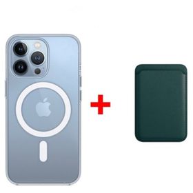 Smcase iPhone 13 Pro Manyetik Kristal Wiriless Destekli Sert Kapak Silikon Manyetik Kartlıklı Yeşil Cep Telefonu Kılıfı
