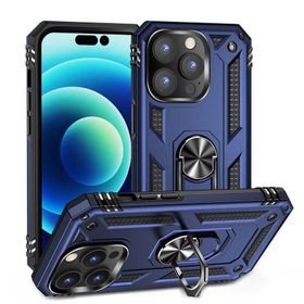 Smcase iPhone 14 Pro Max Vega Yüzüklü Stand Tank Kapak Nano Ekran Koruyucu Lacivert Cep Telefonu Kılıfı