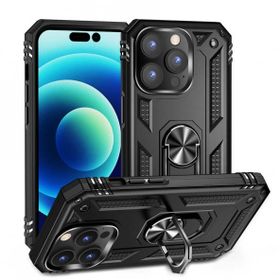 Smcase iPhone 14 Pro Max Vega Yüzüklü Stand Tank Kapak Nano Ekran Koruyucu Lacivert Cep Telefonu Kılıfı