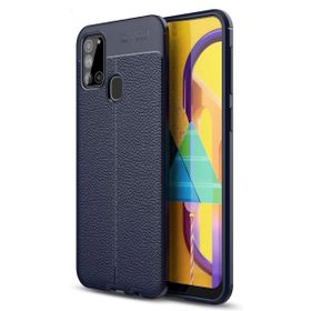 Smcase Samsung Galaxy A21S Deri Dokulu Silikon Lacivert Cep Telefonu Kılıfı