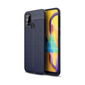 Smcase Samsung Galaxy A21S Deri Dokulu Silikon Lacivert Cep Telefonu Kılıfı