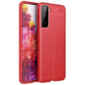 Smcase Samsung Galaxy S21 5G Deri Dokulu Niss Silikon Tam Kapatan Kırmızı Cep Telefonu Kılıfı