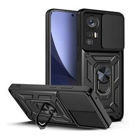 Smcase Xiaomi 12T Pro Kamera Korumalı Yüzüklü Tank Pars Silikon Siyah Cep Telefonu Kılıfı