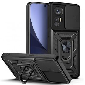 Smcase Xiaomi 12T Pro Kamera Korumalı Yüzüklü Tank Pars Silikon Siyah Cep Telefonu Kılıfı
