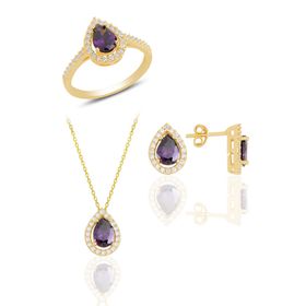 Söğütlü Silver Gümüş Altın Yaldızlı Ametis Taşlı Damla Küpe