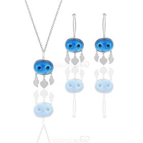 Söğütlü Silver Gümüş Altın Yaldızlı Süryani Nazar Boncuğu İkili Set Kolye ve Küpe