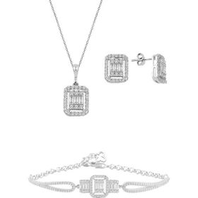 Söğütlü Silver Gümüş Rodyumlu Baget Taşlı Kolye Küpe ve Bilezik
