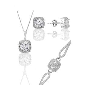 Söğütlü Silver Gümüş Rodyumlu Kare Kesim Zirkon Taşlı İkili Set Kolye Kupe