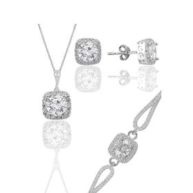 Söğütlü Silver Gümüş Rodyumlu Kare Kesim Zirkon Taşlı İkili Set Kolye Kupe