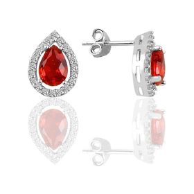 Söğütlü Silver Gümüş Rodyumlu Kırmızı Taşlı Damla Modeli Küpe