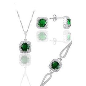 Söğütlü Silver Gümüş Rodyumlu Kök Zümrüt Taşlı Kare Kolye Küpe