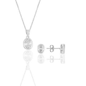 Söğütlü Silver Gümüş Rodyumlu Oval Kesim Zirkon Taşlı İkili Kolye Küpe