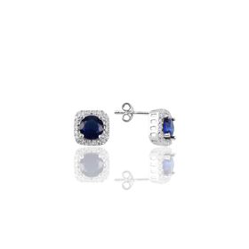 Söğütlü Silver Gümüş Rodyumlu Safir Taşlı Pırlanta Montürlü Küpe