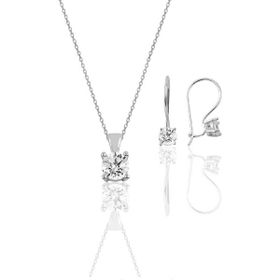 Söğütlü Silver Gümüş Rodyumlu Tek Taş kolye ve Çengelli Küpe