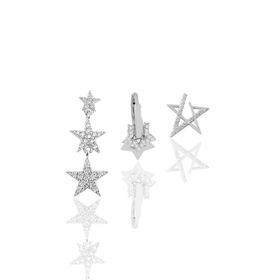 Söğütlü Silver Gümüş Rodyumlu Zirkon Taşlı Yıldızlar Kombin Üçlü Küpe Set