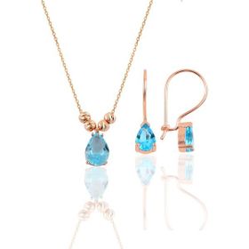 Söğütlü Silver Gümüş Rose Akuamarin Dorica Damla Kolye ve Çengelli Küpe Set