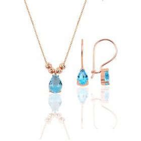 Söğütlü Silver Gümüş Rose Akuamarin Dorica Damla Kolye ve Çengelli Küpe Set
