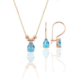 Söğütlü Silver Gümüş Rose Akuamarin Dorica Damla Kolye ve Çengelli Küpe Set