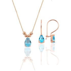 Söğütlü Silver Gümüş Rose Akuamarin Dorica Damla Kolye ve Çengelli Küpe Set