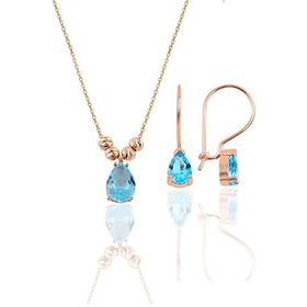 Söğütlü Silver Gümüş Rose Akuamarin Dorica Damla Kolye ve Çengelli Küpe Set