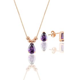 Söğütlü Silver Gümüş Rose Ametis Renkli Dorica Damla Kolye ve Çivi Küpe Seti
