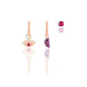 Söğütlü Silver Gümüş Rose Fuşya Taşlı Kombin Üçlü Küpe Seti