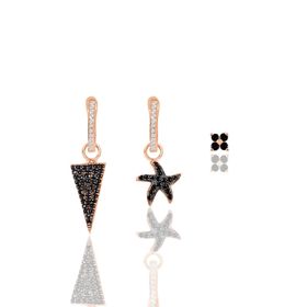 Söğütlü Silver Gümüş Rose Onix Taşlı Piramit Kombin Üçlü Küpe Set