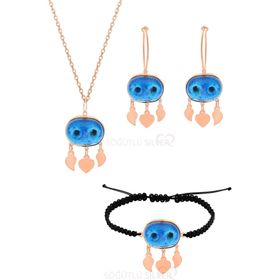 Söğütlü Silver Gümüş Rose Süryani Nazar Boncuğu Kolye Küpe Ve Bileklik Üçlü Set