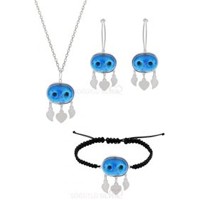 Söğütlü Silver Gümüş Rose Süryani Nazar Boncuğu Kolye Küpe Ve Bileklik Üçlü Set
