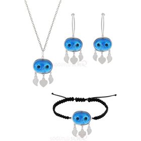 Söğütlü Silver Gümüş Rose Süryani Nazar Boncuğu Kolye Küpe Ve Bileklik Üçlü Set