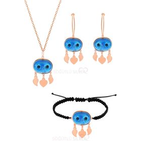 Söğütlü Silver Gümüş Rose Süryani Nazar Boncuğu Kolye Küpe Ve Bileklik Üçlü Set
