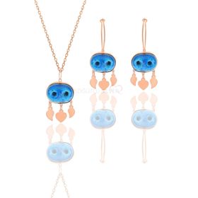 Söğütlü Silver Gümüş Rose Süryani Nazar Boncuğu Kolye ve Küpe İkili Set