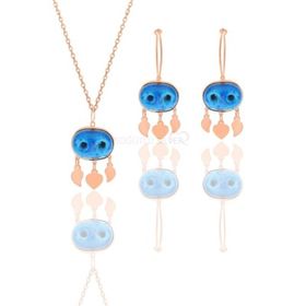 Söğütlü Silver Gümüş Rose Süryani Nazar Boncuğu Kolye ve Küpe İkili Set