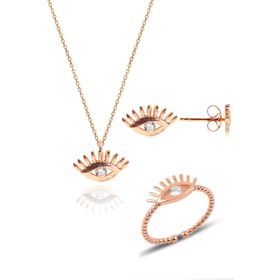 Söğütlü Silver SGTL10601 Gümüş Rose Zirkon Taşlı Kirpikli Göz Kolye Yüzük Ve Küpe Gümüş Üçlü Set