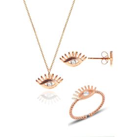 Söğütlü Silver SGTL10601 Gümüş Rose Zirkon Taşlı Kirpikli Göz Kolye Yüzük Ve Küpe Gümüş Üçlü Set