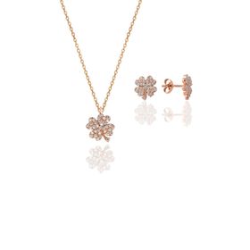 Söğütlü Silver SGTL10602 Rose Zirkon Taşlı Yonca Kolye ve Küpe Gümüş İkili Set