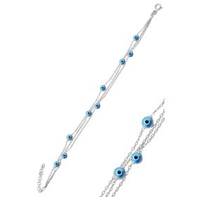 Söğütlü Silver SGTL10612 Gümüş Rodyumlu , Cam Göz Nazar Üç Zincirli Gümüş Bileklik